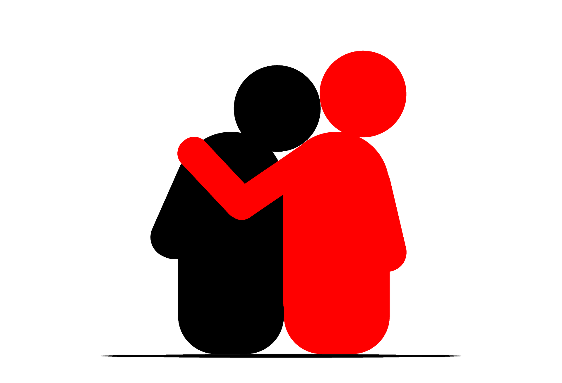 A red human silhouette wrapping an arm around a black silhouetted figure