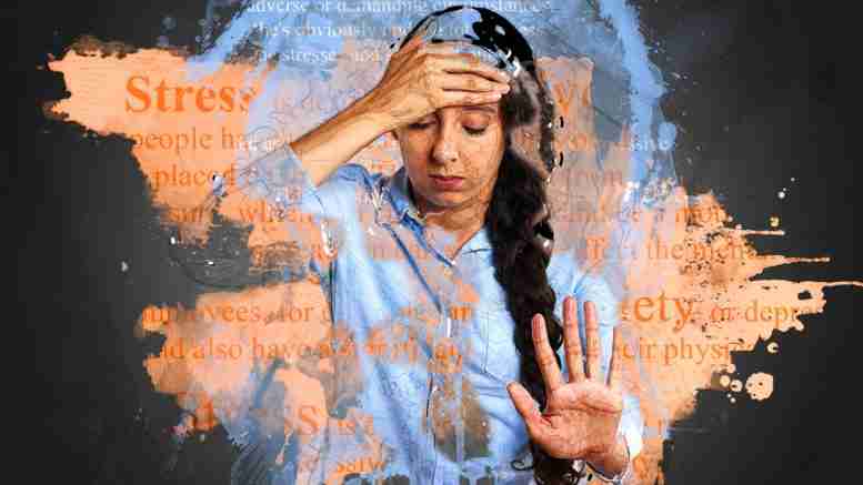 a woman holding her forhead with one hand with the other hand outstretched looking overwhelmed surrounded by snippets of words related to stress